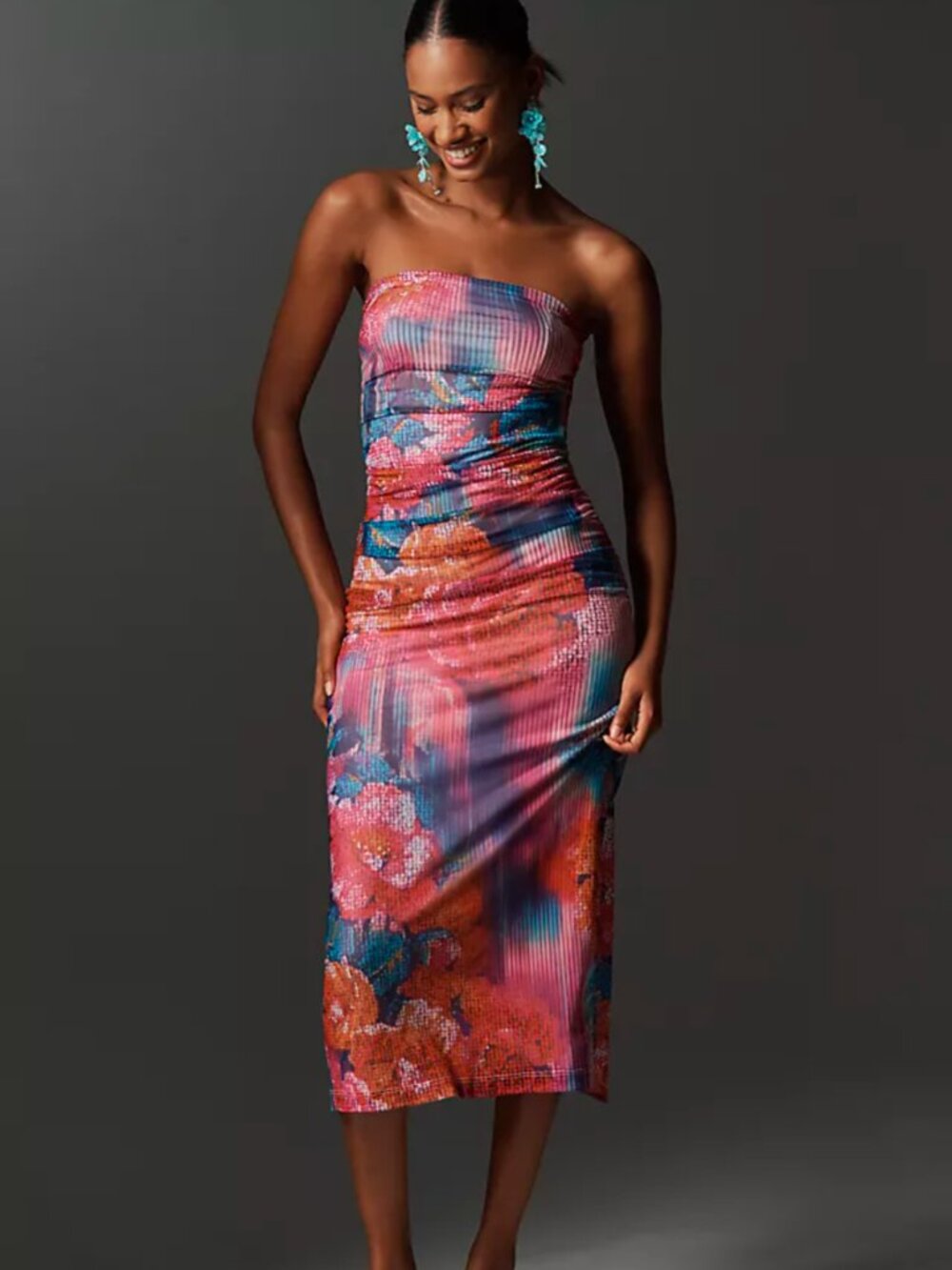 BNWT Size M Anthropologie Soleil Slim Strapless Ruched Mesh Dress